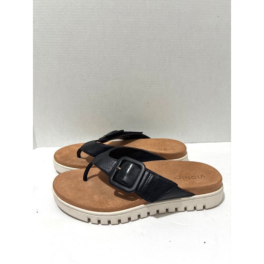 Vionic Black Leather Buckle Platform Thong Sandals with Tan Footbed